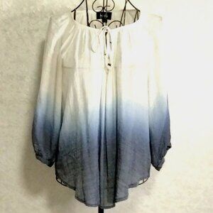 BY & BY Popover Ombré Top Gauzy Boho Oversized Drapy White to Blue Women…